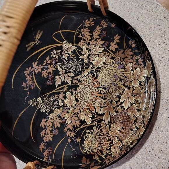 Japanese Floral Black and Gold Decorative Tray Dragonfly & Bamboo Handle  9" DR - Picture 2 of 5